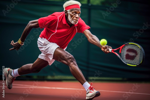 Generative AI illustration of Black old man playing tennis © Eduardo Lopez