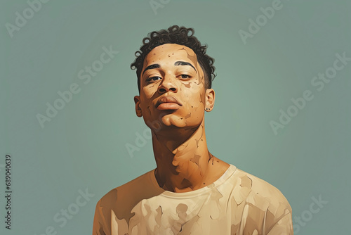 Young man with vitiligo (a pigmentation disorder characterized by the loss of melanin pigment in certain areas of the skin) looking confidently into the distance photo