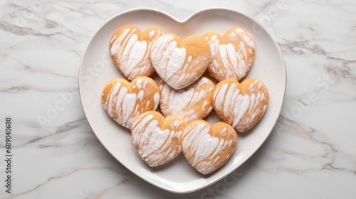 heart shaped cookies on a white plate on marble counter top