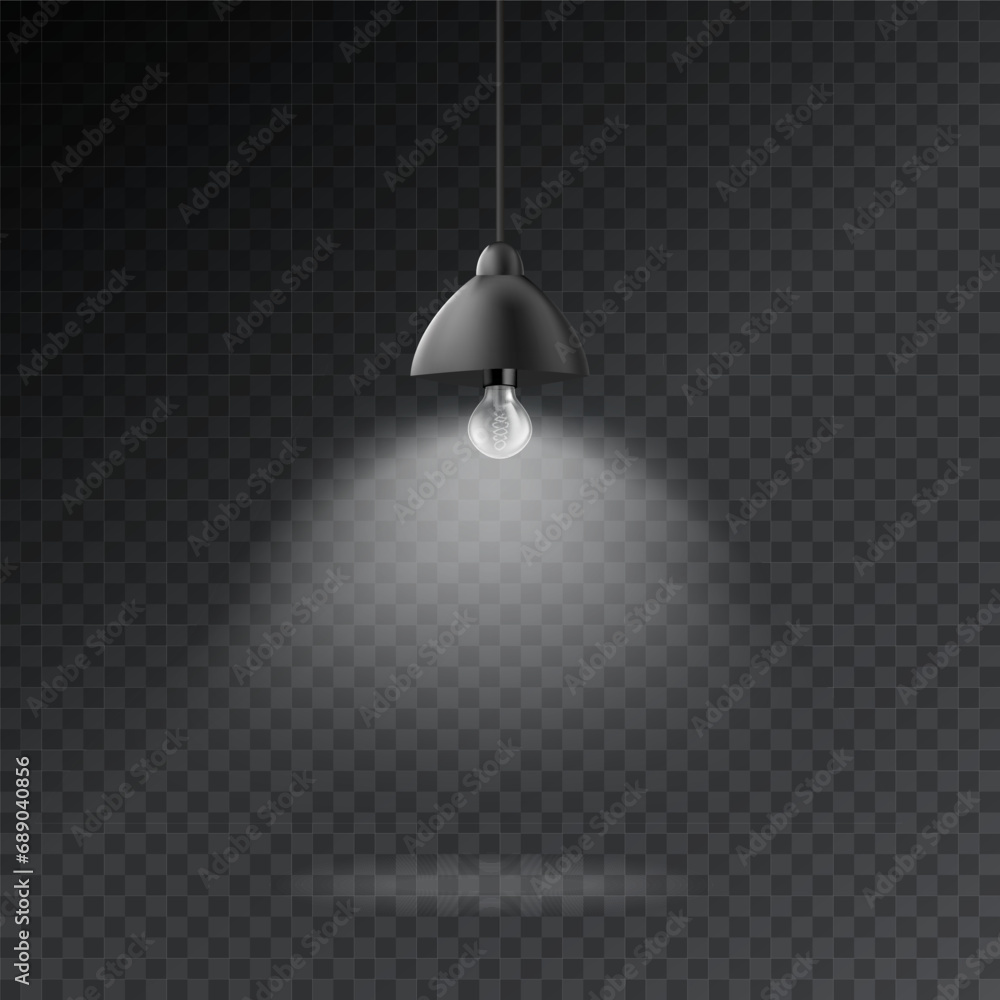 Black hanging lamp with light. Realistic black ceiling lamp isolated on transparent background. Eps10 vector illustration. Black hanging lamp with light. Realistic black ceiling lamp isolated on transparent background. Eps10 vector illustration.