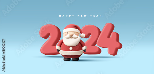 Happy New Year 2024 Number with 3d render Santa instead of zero, modern realistic greeting, postcard or banner composition with cartoon character