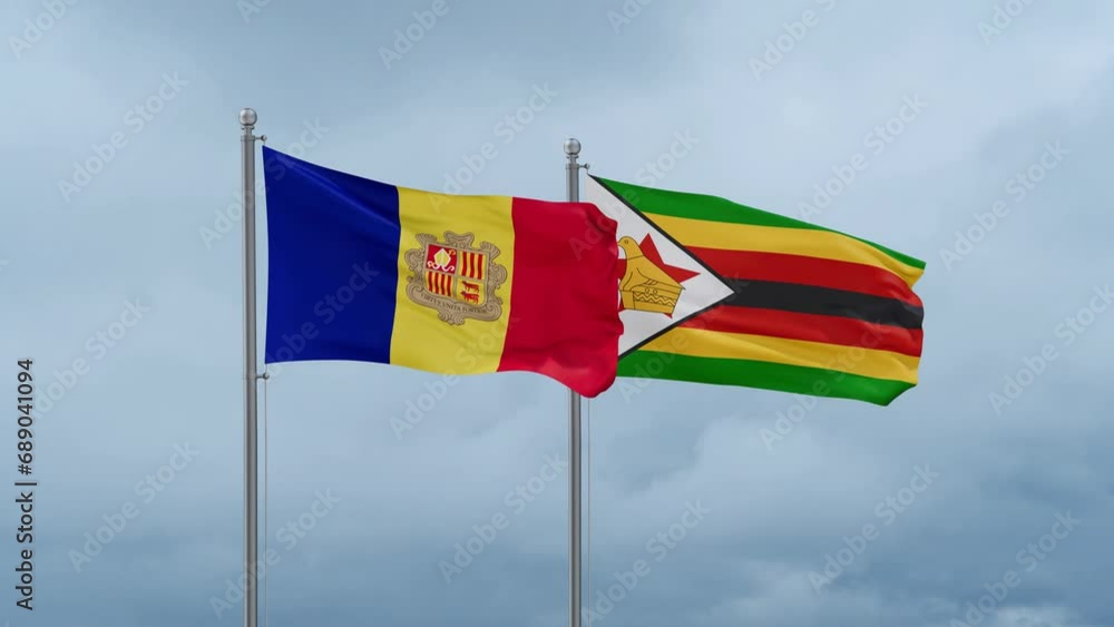 Zimbabwe and Andorra flag waving together on cloudy sky, endless seamless loop, two country cooperation concept Zimbabwe and Andorra flag waving together on cloudy sky, endless seamless loop, two country cooperation concept