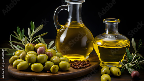 Virgin olive oil in glass bottle with green ripe olives on white background.Macro.AI Generative