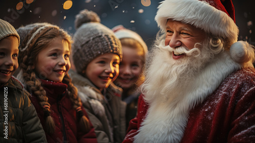 Smiling Santa Claus visiting a group of children in a wintry park