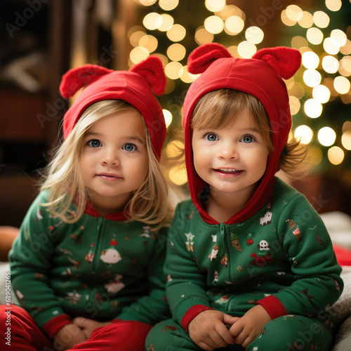 Two cute baby girls sitting in front of a Christmas background wearing red and green clothing