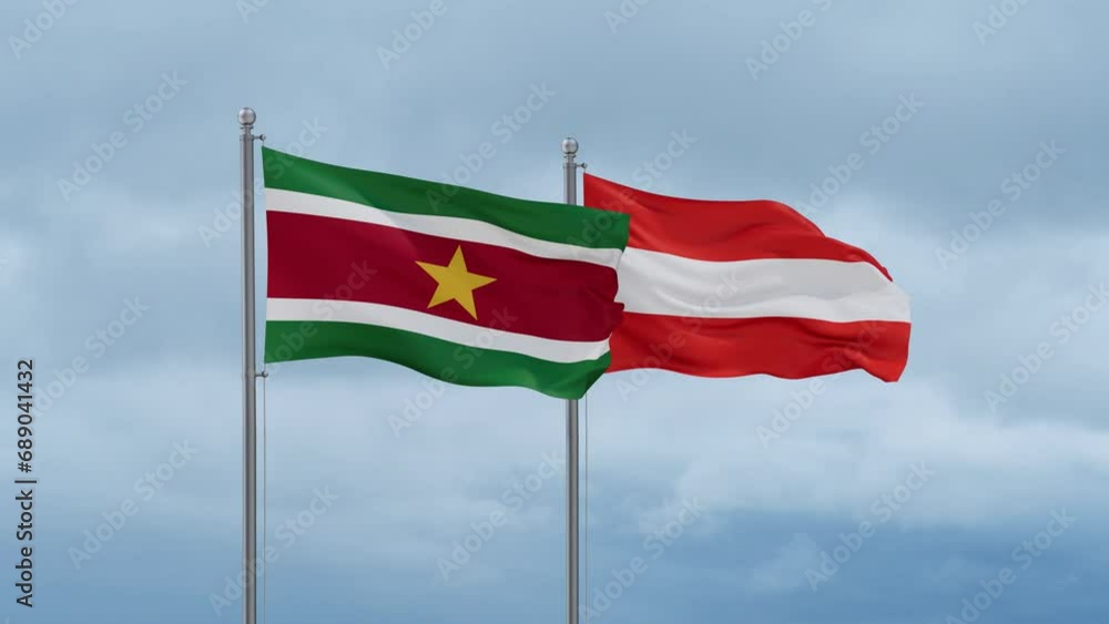 Austria flag and Suriname flag waving together on cloudy sky, endless seamless loop, two country relations concept Austria flag and Suriname flag waving together on cloudy sky, endless seamless loop, two country relations concept