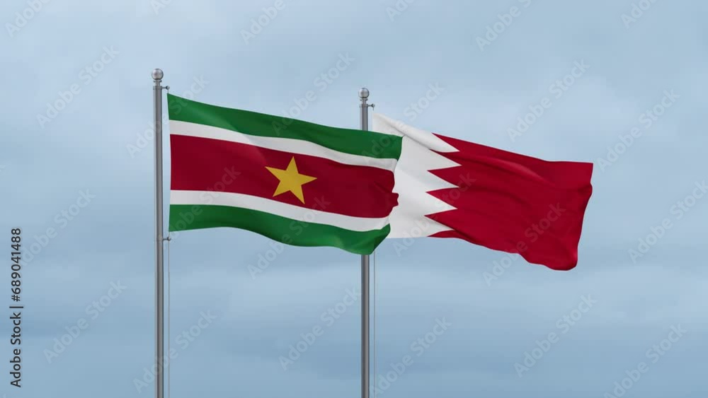 Bahrain flag and Suriname flag waving together on cloudy sky, endless seamless loop, two country relations concept Bahrain flag and Suriname flag waving together on cloudy sky, endless seamless loop, two country relations concept