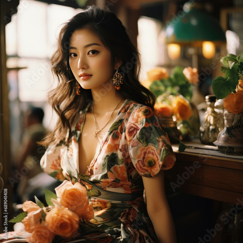 Asian beauty with dress, smiling at home with flowers