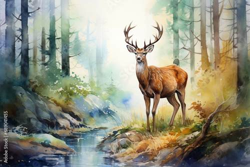 Watercolor deer background picture, picture used for decoration. © Gun