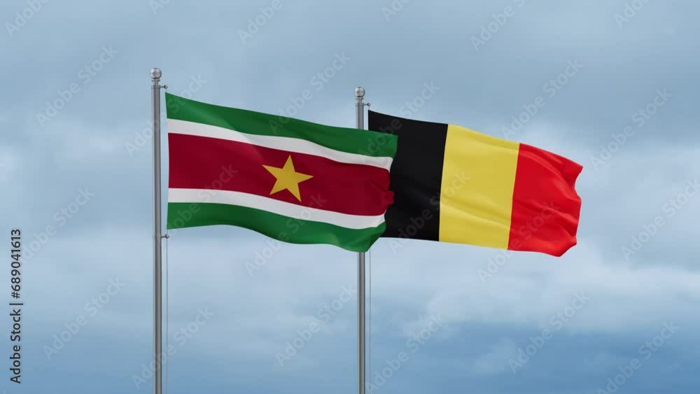 Belgium flag and Suriname flag waving together on cloudy sky, endless seamless loop, two country relations concept Belgium flag and Suriname flag waving together on cloudy sky, endless seamless loop, two country relations concept