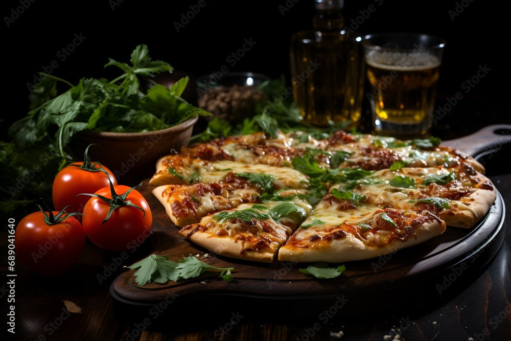 Close up pizza Margarita on wooden cutting board with spice Close up pizza Margarita on wooden cutting board with spice