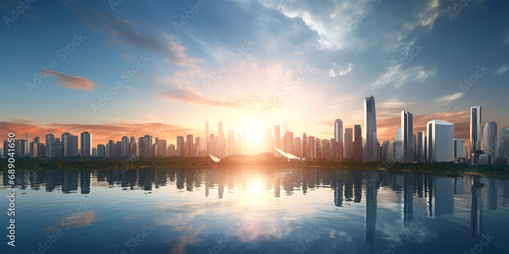 City at sunset HD wallpaper Stock Photographic Image A city in the morning sun light view Futuristic skyscraper facade reflects blue sky in modern cityscape Ai Generative
 
