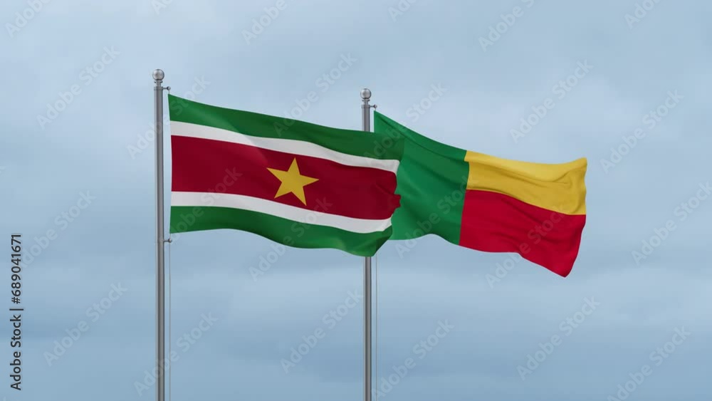 Suriname flag and Benin flag waving together on cloudy sky, endless seamless loop Suriname flag and Benin flag waving together on cloudy sky, endless seamless loop