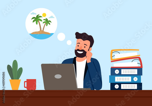 Businessman dreaming about vacation on a tropical island with palm tree at office desk in flat design.