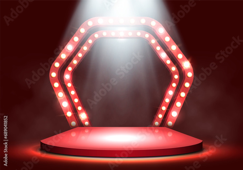 Red podium with smoke illuminated by spotlights. Empty pedestal for award ceremony. Vector illustration.