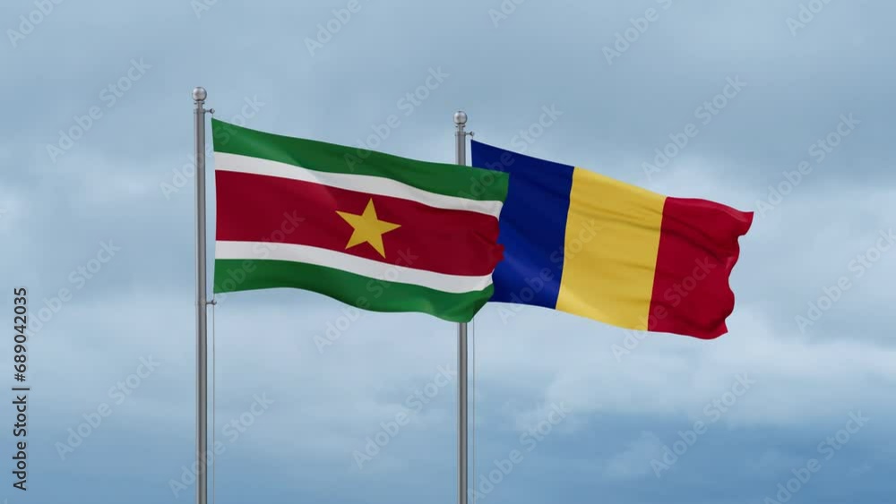 Chad flag and Suriname flag waving together on cloudy sky, endless seamless loop, two country relations concept Chad flag and Suriname flag waving together on cloudy sky, endless seamless loop, two country relations concept