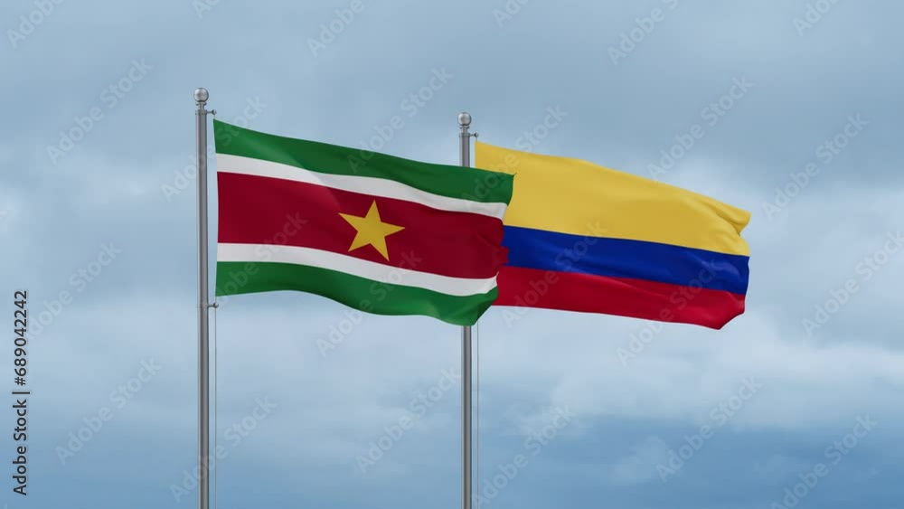 Colombia and Suriname flag waving together on cloudy sky, endless seamless loop, two country cooperation concept Colombia and Suriname flag waving together on cloudy sky, endless seamless loop, two country cooperation concept