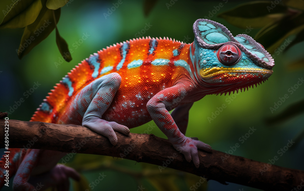 Obraz premium Panther chameleon with bright colors on a branch 