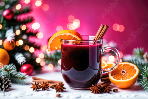 Red mulled wine with citrus fruits, berries and spices. Christmas hot drink