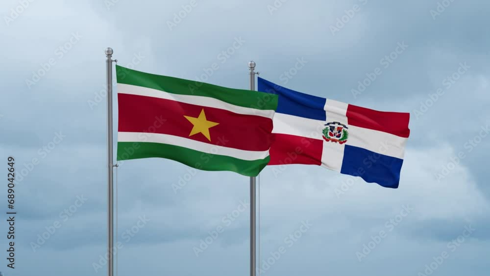 Dominican Republic flag and Suriname flag waving together on cloudy sky, endless seamless loop, two country relations concept Dominican Republic flag and Suriname flag waving together on cloudy sky, endless seamless loop, two country relations concept