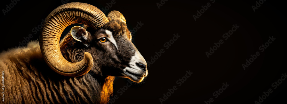 Portrait of a beautiful ram with large helix shaped horns, side view (profile), on a black background with copy space. - obrazy, fototapety, plakaty 