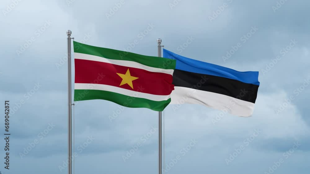 Estonia flag and Suriname flag waving together on cloudy sky, endless seamless loop, two country relations concept Estonia flag and Suriname flag waving together on cloudy sky, endless seamless loop, two country relations concept