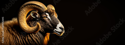 Portrait of a beautiful ram with large helix shaped horns, side view (profile), on a black background with copy space. photo