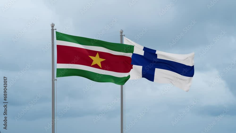Finland flag and Suriname flag waving together on cloudy sky, endless seamless loop, two country relations concept Finland flag and Suriname flag waving together on cloudy sky, endless seamless loop, two country relations concept