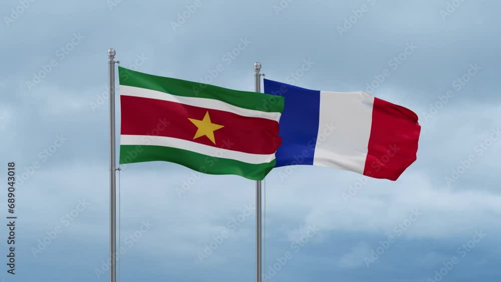 France and Suriname flags waving together on cloudy sky, endless seamless loop, two country relations concept France and Suriname flags waving together on cloudy sky, endless seamless loop, two country relations concept