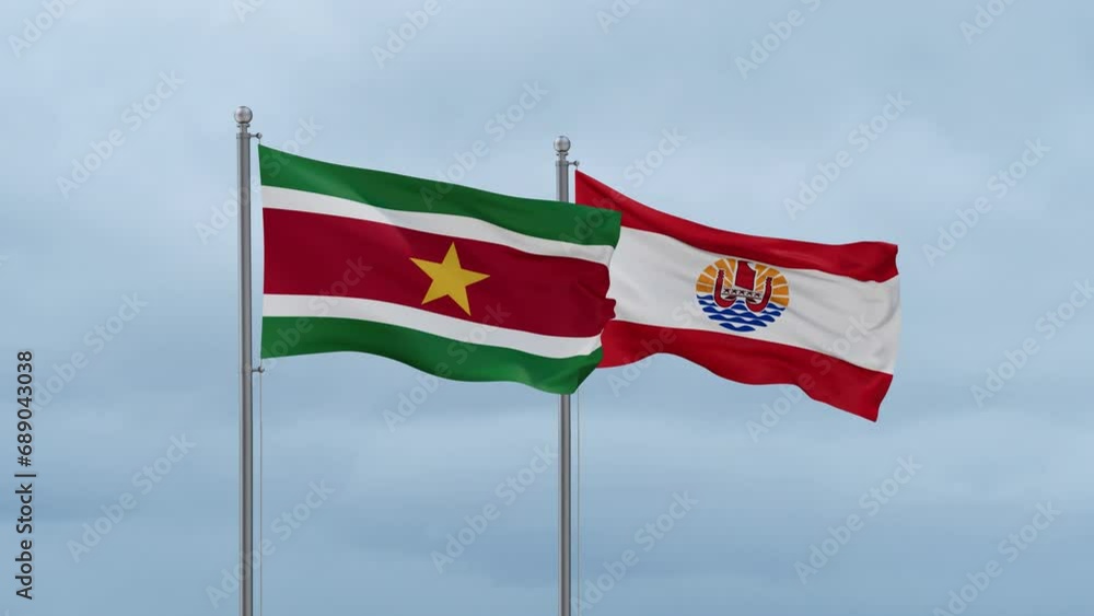 French Polynesia flag and Suriname flag waving together on cloudy sky, endless seamless loop, two country relations concept French Polynesia flag and Suriname flag waving together on cloudy sky, endless seamless loop, two country relations concept