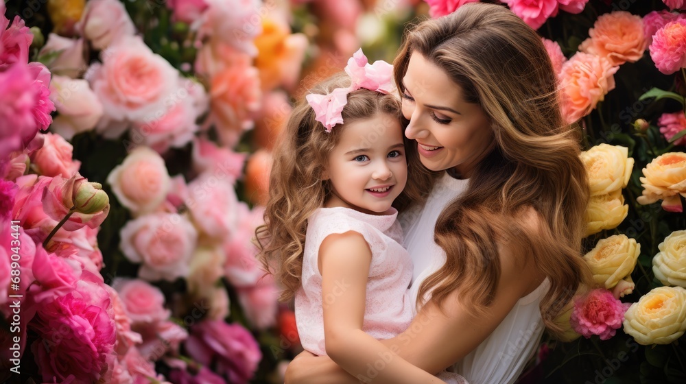 Fototapeta premium Mother and child hugging portrait background. Mother's Hug Day love family parenthood childhood togetherness father’s day concept.