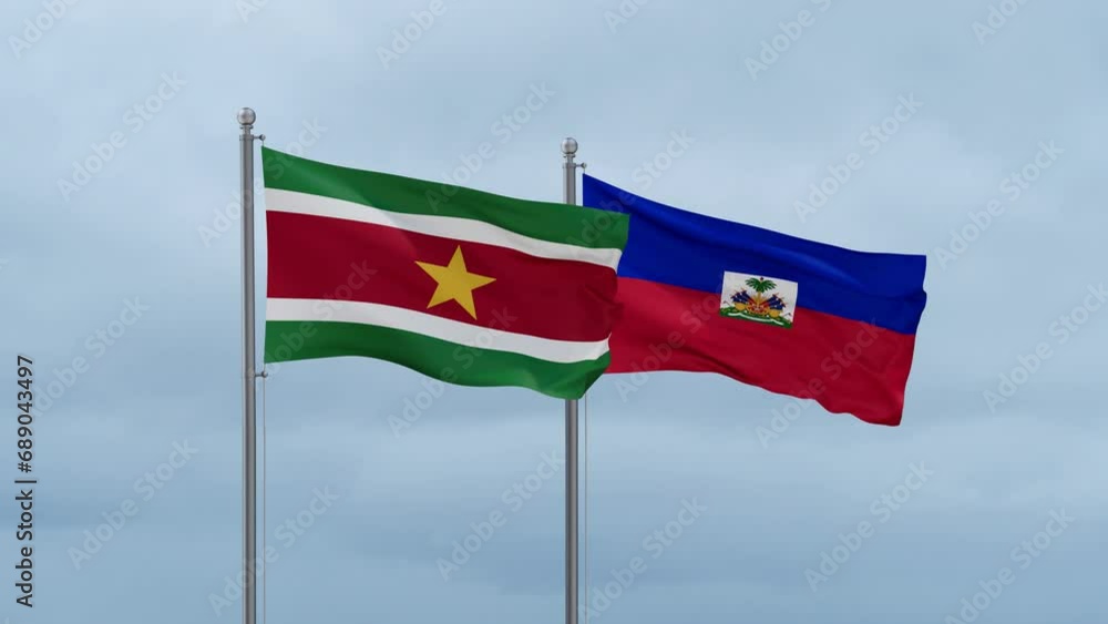 Haiti flag and Suriname flag waving together on cloudy sky, endless seamless loop, two country relations concept Haiti flag and Suriname flag waving together on cloudy sky, endless seamless loop, two country relations concept