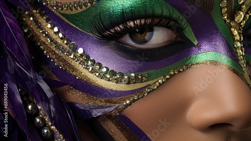 Mardi Gras portrait. People in carnival mask masquerade costume with feathers and sparklers in purple green yellow golden colors. Christmas, New Year, Mardi Gras concept. Festive time, dance, party..