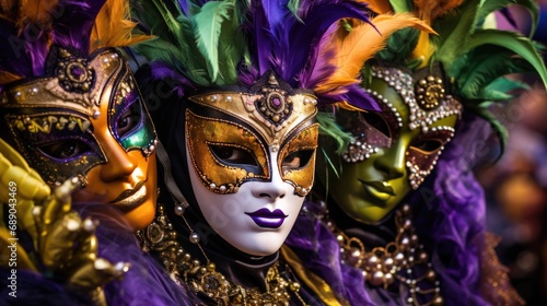 Mardi Gras portrait. People in carnival mask masquerade costume with feathers and sparklers in purple green yellow golden colors. Christmas, New Year, Mardi Gras concept. Festive time, dance, party..