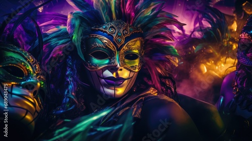 Mardi Gras portrait. People in carnival mask masquerade costume with feathers and sparklers in purple green yellow golden colors. Christmas, New Year, Mardi Gras concept. Festive time, dance, party.. © Oksana Smyshliaeva