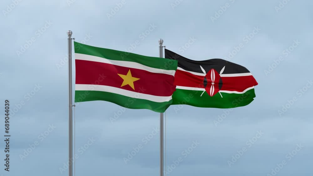 Kenya flag and Suriname flag waving together on cloudy sky, endless seamless loop, two country relations concept Kenya flag and Suriname flag waving together on cloudy sky, endless seamless loop, two country relations concept