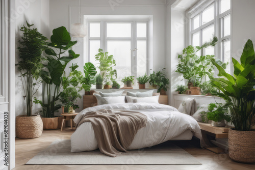 Home garden, bedroom in white and wooden tones. Close-up, bed, parquet floor and many houseplants. Urban jungle interior design. Biophilia concept. © Anna