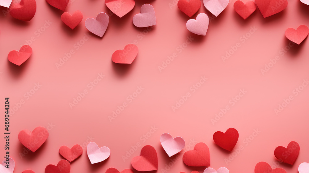 Paper hearts scattered on pink background. Concept symbolizing love and affection. Paper hearts scattered on pink background. Concept symbolizing love and affection.