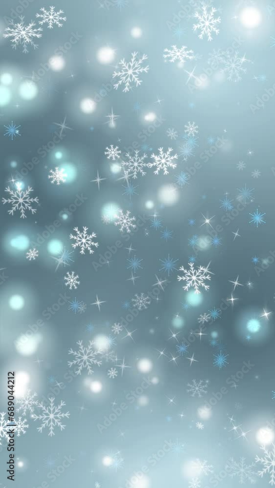Winter Background Vertical Loop. 10 second seamless loop winter background with colored snowflakes and glitter stars, vertical resolution.
Winter Background Vertical Loop. 10 second seamless loop winter background with colored snowflakes and glitter stars, vertical resolution.