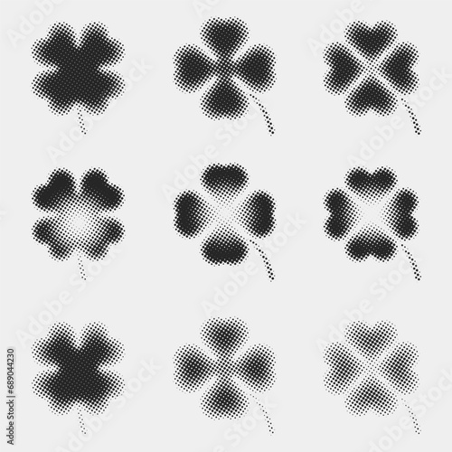 Abstract random black gradient halftone four leaf, shamrock textures isolated on a white background. Geometric vector shape elements pattern for presentation design. Fit for poster, collage, or advert