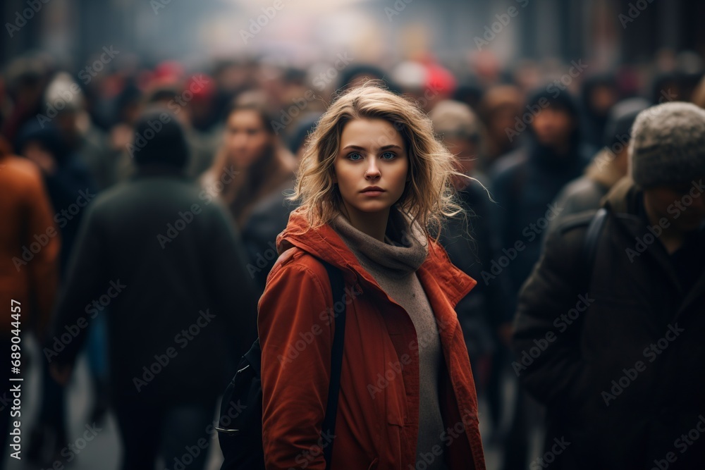 young woman walking in a bad mood through the crowd