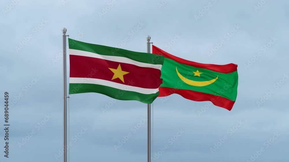 Mauritania flag and Suriname flag waving together on cloudy sky, endless seamless loop, two country relations concept Mauritania flag and Suriname flag waving together on cloudy sky, endless seamless loop, two country relations concept