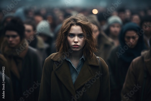 young woman walking in a bad mood through the crowd photo