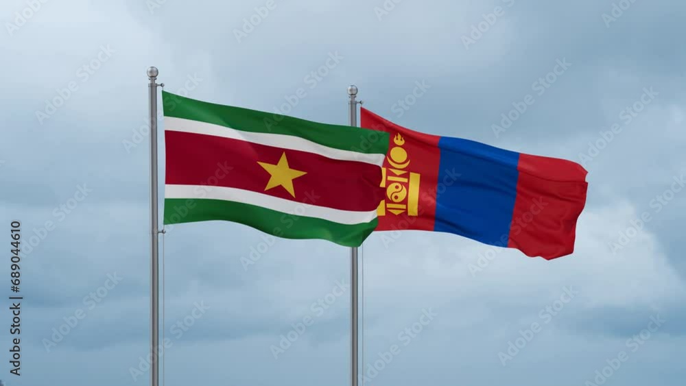Mongolia and Suriname flag waving together on cloudy sky, endless seamless loop, two country cooperation concept Mongolia and Suriname flag waving together on cloudy sky, endless seamless loop, two country cooperation concept