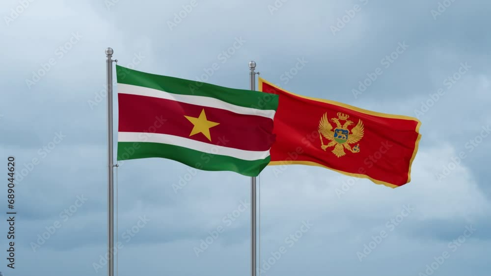 Montenegro and Suriname flag waving together on cloudy sky, endless seamless loop, two country cooperation concept Montenegro and Suriname flag waving together on cloudy sky, endless seamless loop, two country cooperation concept