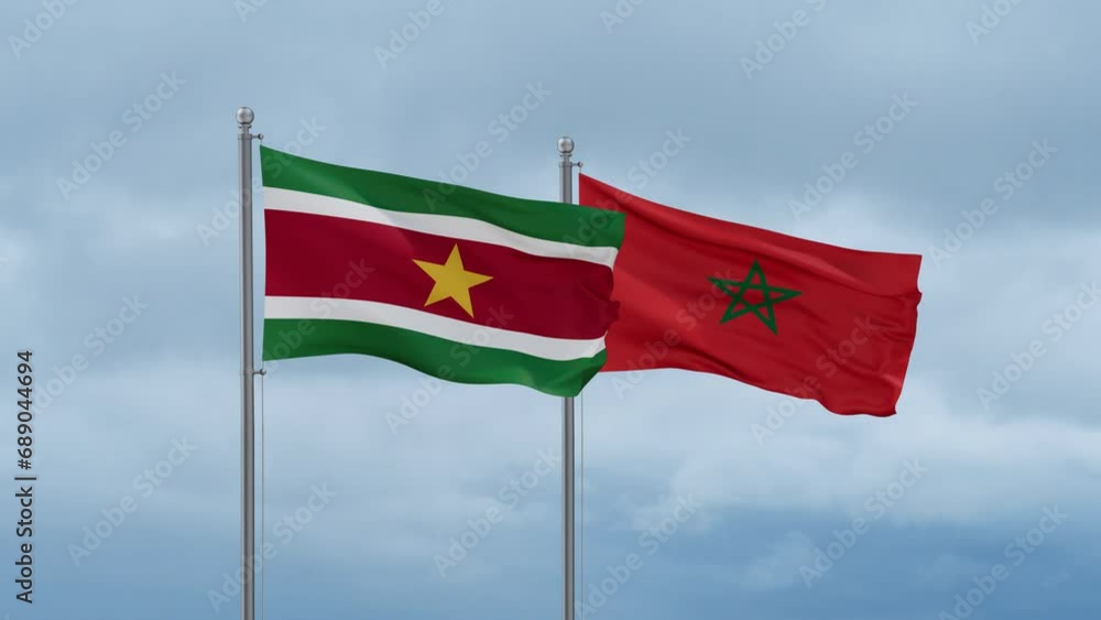 Morocco flag and Suriname flag waving together on cloudy sky, endless seamless loop, two country relations concept Morocco flag and Suriname flag waving together on cloudy sky, endless seamless loop, two country relations concept
