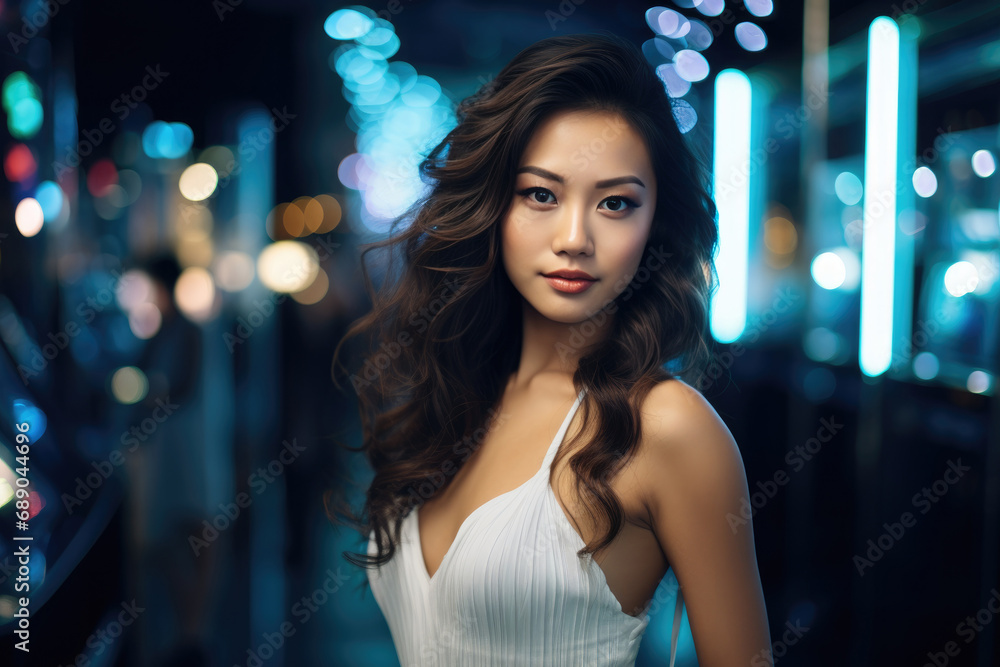 Obraz premium beautiful asian woman smiling wearing a white dress at night clubs