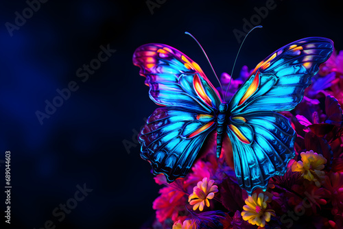 Beautiful colorful butterfly on flowers in the dark background in glowing neon light, UV blacklight