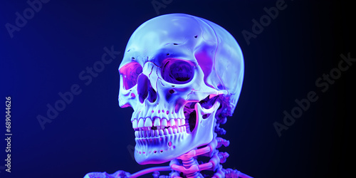 Human skeleton on dark background in glowing neon light, UV blacklight, Horror science scene