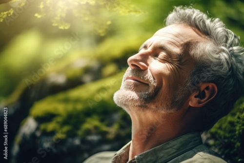 Serene portrait of an elderly man enjoying nature in a park, showing contemplation and relaxation in nature.